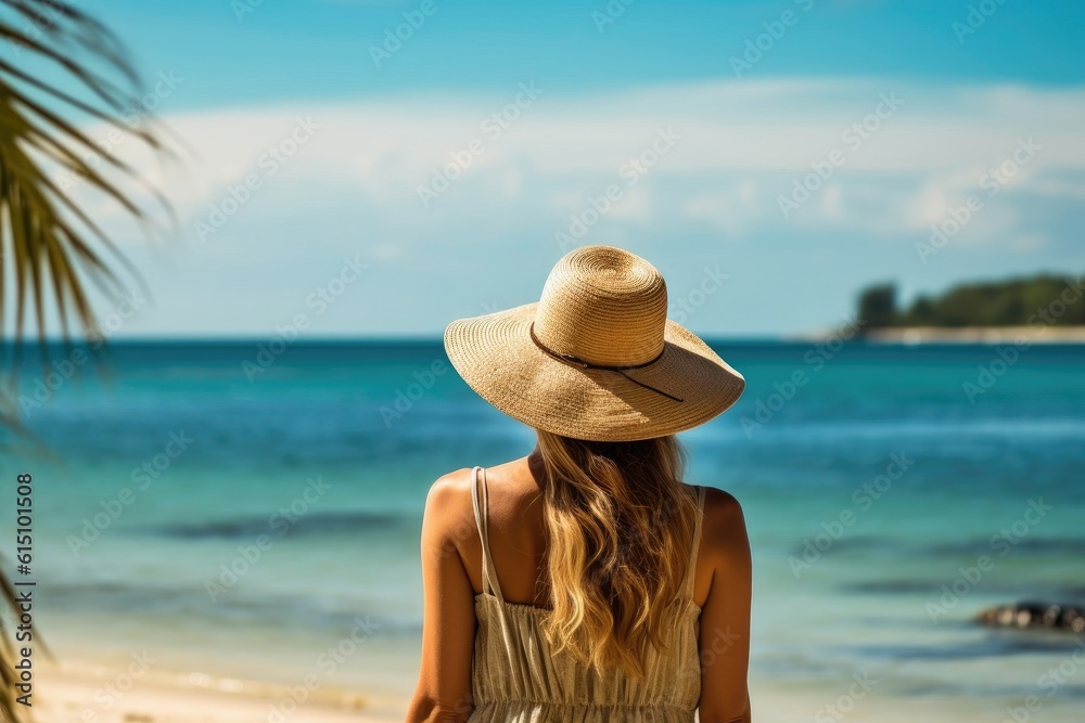 Back view young happiness traveller woman standing on beautiful sandy beach, ai generated