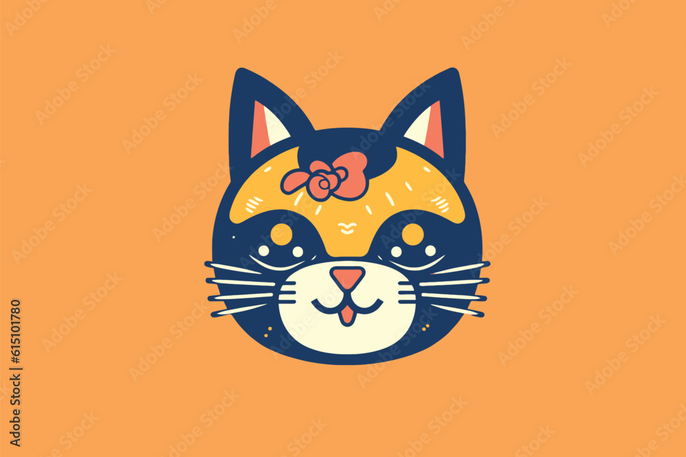 Cute cat face vector illustration in flat cartoon style. Isolated on orange background.