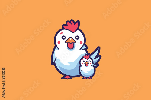 Cute chicken and chick. Animal cartoon vector illustration. Flat design.