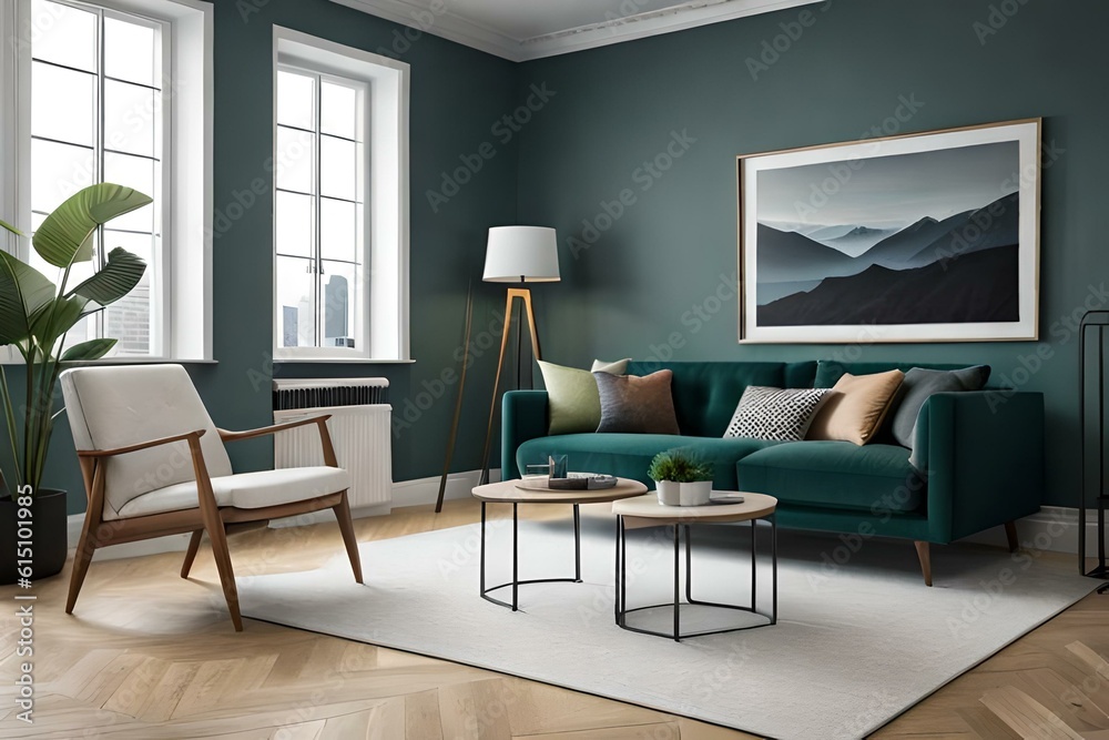 3D Mockup canvas frame in dark green home interior with sofa, fur, table and branch in vase , created with AI 3D Mockup canvas frame in dark green home interior with sofa, fur, table and branch in vase , created with AI
