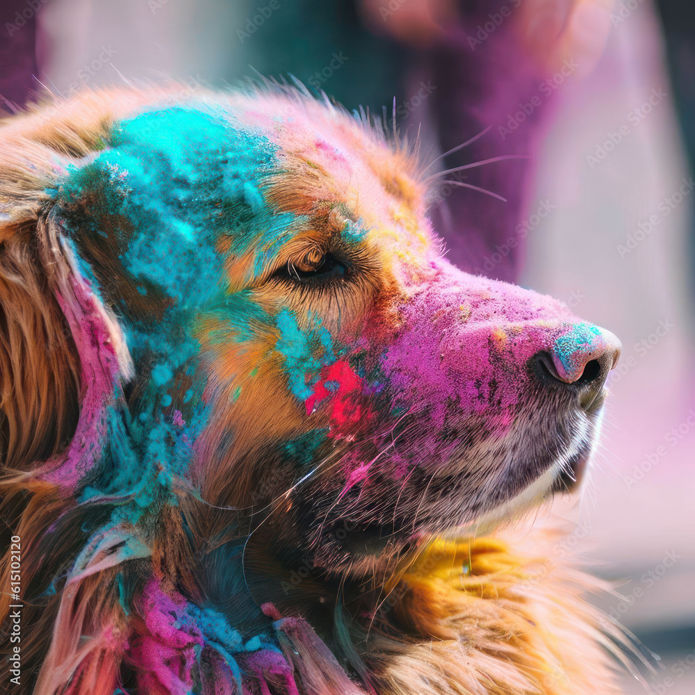 A Dog with Colorful holi powder blowing up from the indian holi festival.Generative AI