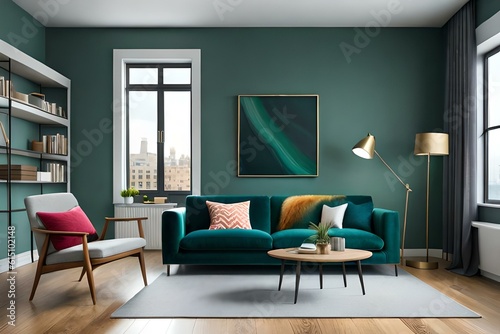 3D Mockup canvas frame in dark green home interior with sofa, fur, table and branch in vase , created with AI © Mehram