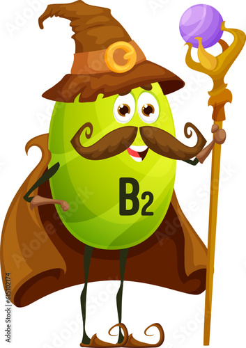 Cartoon vitamin B2 wizard character Vector funny riboflavin capsule sorcerer personage holding magical staff. Isolated positive nutrient pill wearing long witch cloak and pointed hat with buckle