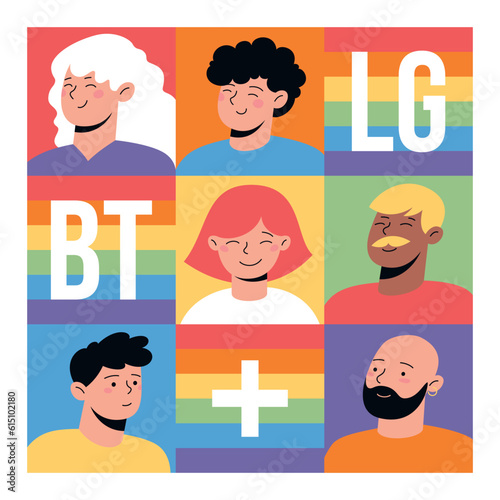 Funny people faces with LGBT+ flag colors. Flat vector illustration for Pride month and LGBTQIA+ community