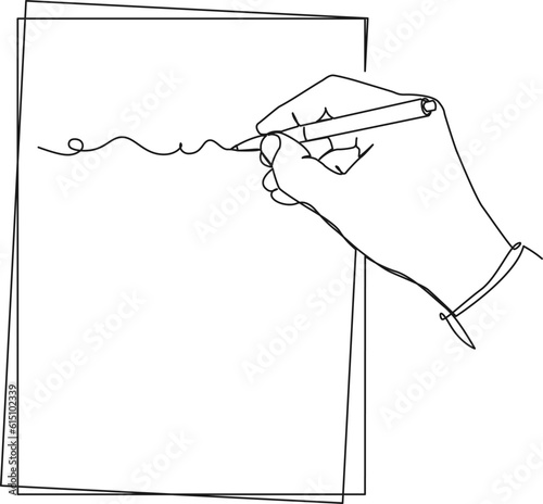 continuous single line drawing of hand writing with pen on sheet of paper, line art vector illustration