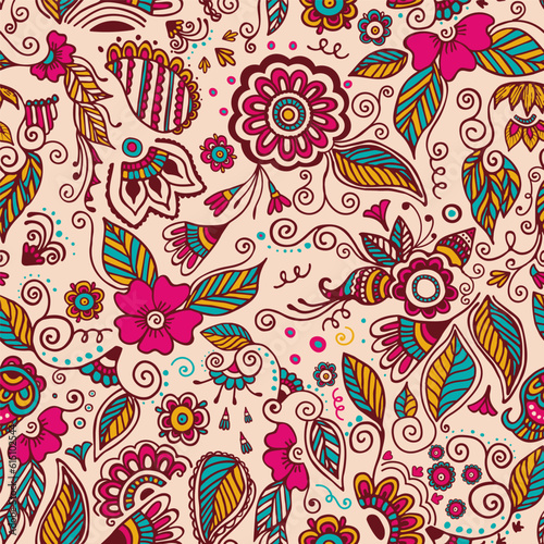 Seamless pattern with henna mehndi floral elements. Hand-drawn colorful vector illustration