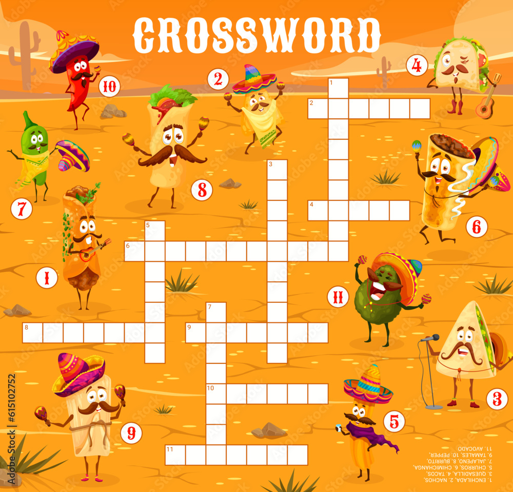 Crossword quiz game grid with mexican food characters. Find a word vector worksheet with