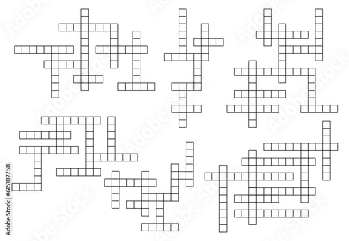Crossword game grid, vector riddle worksheet and boardgame quiz puzzle template. Cross word layout for newspaper. Mind quiz with empty black squares, abstract brainteaser pattern with blank boxes