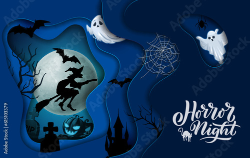 Fototapet Halloween paper cut, flying witch, ghosts and castle