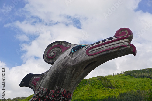 Ketchikan, Alaska: A totem on the grounds of Potlatch Totem Park, a recreated Tlingit village with totems, a carving shed, and historical displays. photo