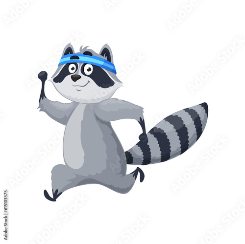 Cartoon running raccoon character. Isolated vector racoon sportsman participate in jogging or marathon competition. Cute wild animal personage engage in healthy lifestyle  sports or wellness activity