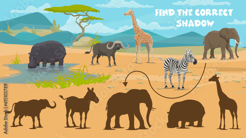 Find correct shadow of African savannah animals, vector kids quiz. Find and match same silhouette of elephant, zebra and rhinoceros or giraffe and buffalo in Africa savanna, puzzle game worksheet