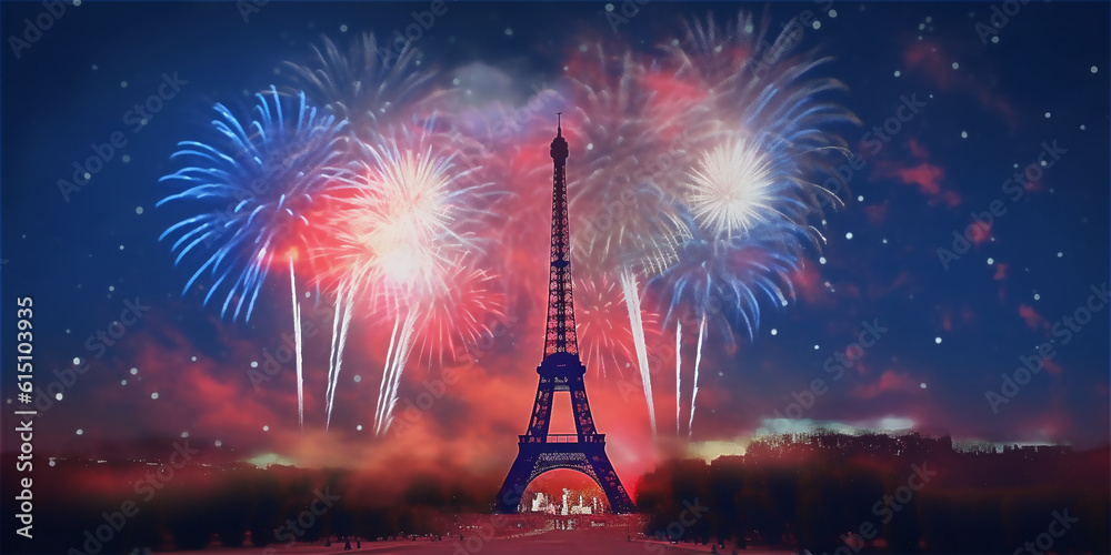 Fireworks near Eiffel Tower, Bastille Day and French National Day 14 July concept