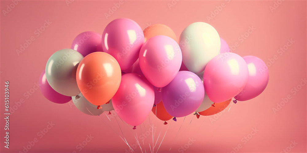 A lot of colorful balloons on a pink background, the concept of a holiday, event, birthday, opening ceremony