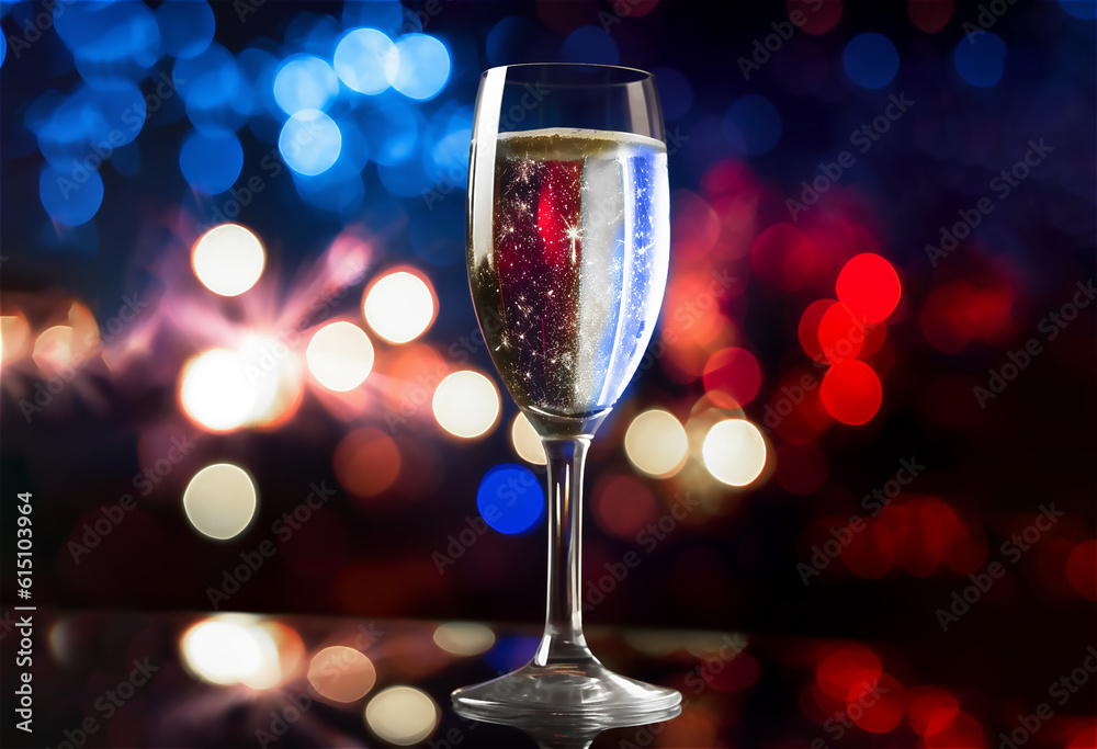 A flute glass of French champagne on a multi-colored blurred background of lights in the colors of the French flag, Bastille Day and French National Day 14 July concept A flute glass of French champagne on a multi-colored blurred background of lights in the colors of the French flag, Bastille Day and French National Day 14 July concept