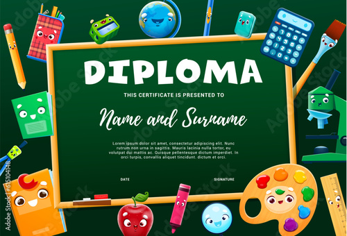 Kids diploma with cartoon school supply characters, vector certificate award template. School or kindergarten workshop certificate diploma with funny book or copybook, calculator and eraser or pencil