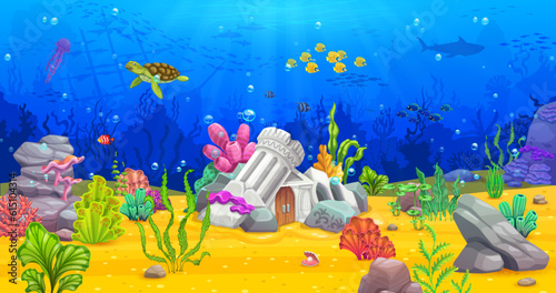 Game level, cartoon underwater landscape with temple ruins. Vector parallax background with ancient mermaid city house building or dwelling with ruined column on the ocean bottom, fantasy architecture