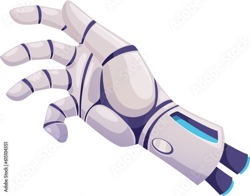 Human hand, innovation artificial technology cyborg droid arm. Vector robotic prosthesis mechanical futuristic robot hand with metal fingers