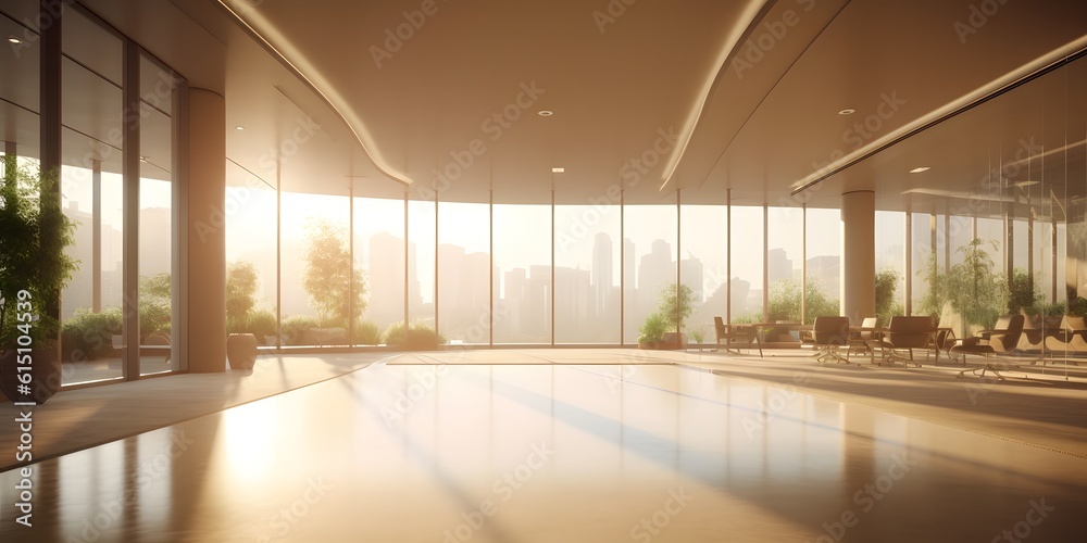 A beautiful modern spacious office hall with panoramic windows and a perspective in pleasant natural beige and brown tones A beautiful modern spacious office hall with panoramic windows and a perspective in pleasant natural beige and brown tones