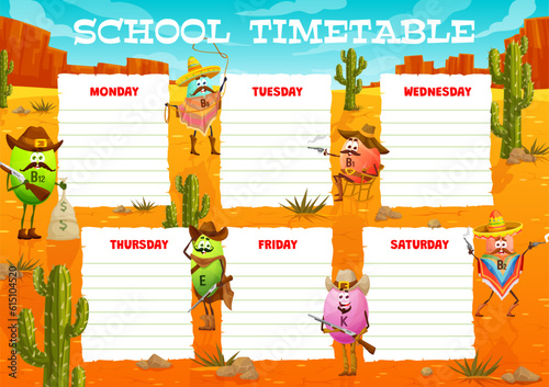 Education timetable schedule, cartoon vitamin cowboy, ranger bandit and sheriff characters, vector weekly planner. Funny vitamins in cowboy hat and Western rifle for school lessons timetable schedule