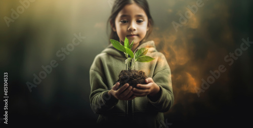 young girl holding a plant, generative ai photo