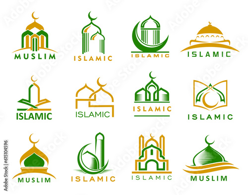 Muslim mosque icons. Islam religion, minaret, Quran symbols. Islam religion temple, charity organization or community center abstract vector icon with mosque building dome, minaret and crescent