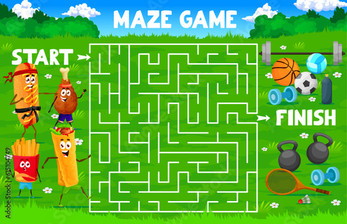 Labyrinth maze game. Help to cartoon fast food characters to find sport equipment on meadow. Kids labyrinth vector worksheet with hotdog, fries, burrito and chicken leg funny personages doing sports