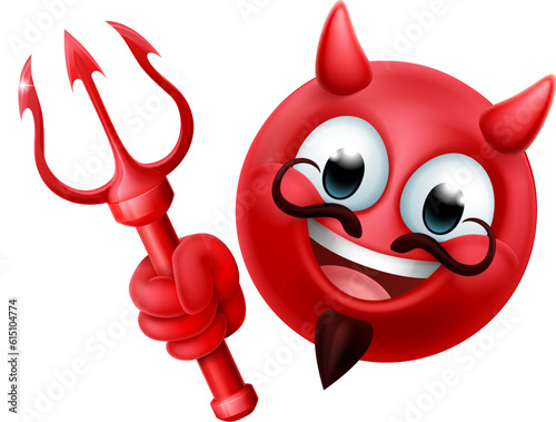 A red devil or satan emoji emoticon man face holding a trident, pitchfork or pitch fork cartoon icon mascot.