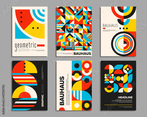 Bauhaus posters. Geometric abstract patterns. Corporate identity documents pages, business presentation pages or posters vector templates with Bauhaus abstract form, geometrical shape abstract pattern