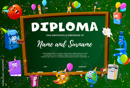 School kids diploma, cartoon supplies characters on holidays, vector education certificate. Funny school book and pencil with eraser on birthday party celebration for kindergarten certificate diploma
