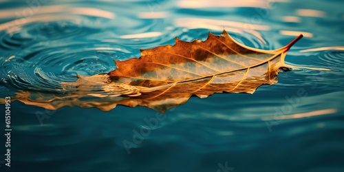 AI Generated. AI Generative. Nature outdoor wild leaf floating on blue water sea surface. Adventure plant fall vibe. Graphic Art