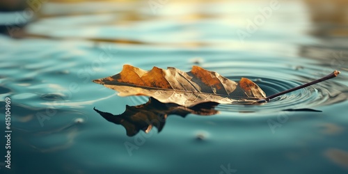 AI Generated. AI Generative. Nature outdoor wild leaf floating on blue water sea surface. Adventure plant fall vibe. Graphic Art photo