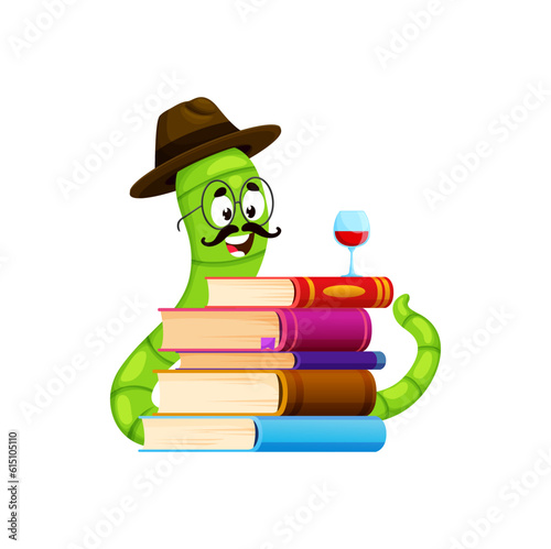 Cartoon bookworm character, book worm animal reader with pile of books and wineglass, fully immersed in world of literature. Isolated vector green earthworm in hat and glasses enjoying glass of wine