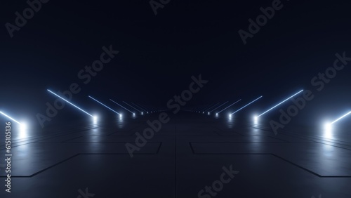 Fototapeta Naklejka Na Ścianę i Meble -  3d rendering of dark abstract sci-fi tunnel, Futuristic spaceship corridor.