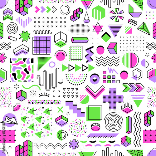 Memphis geometric shapes seamless pattern with abstract line elements  bright circles  triangles and squares. Vector background with doodle ornament of green  pink and purple dots  waves and arrows