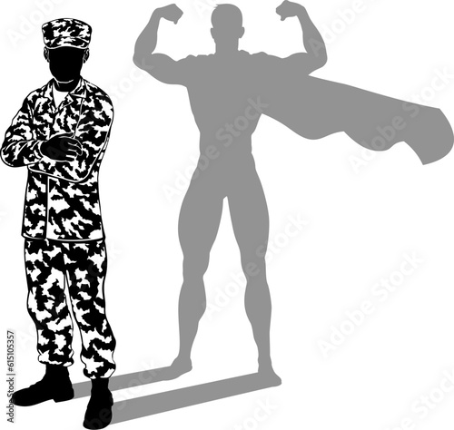 A super hero military army soldier man in silhouette. Revealed to be a superhero by his shadow. photo