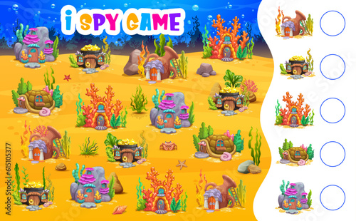 I spy game worksheet. Cartoon house buildings, underwater landscape. Children calculation quiz, kids counting vector puzzle with turtle shell, gold pot, ceramic jug and stone, corral fairy houses