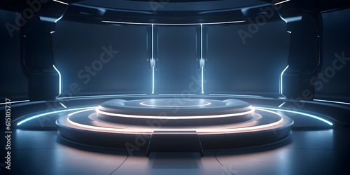 Beautiful modern futuristic podium with neon blue lighting for product presentation