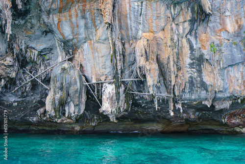 landscape Viking cave on Maya island on fantastic emerald lagoon sea at Koh Phi Phi Island Thailand, Pileh Lagoon