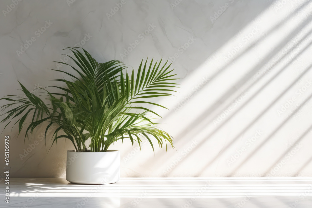 Beautiful indoor palm plant in a pot on floor in room.House decoration.The background can be used for mounting, presentation or displaying your products. Copy space for text. Banner.Generative AI