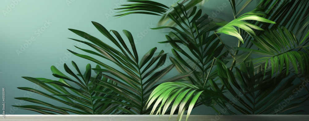 Beautiful indoor palm plant.House decoration.. Banner.Generative AI
