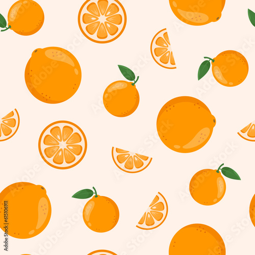 Orange summer seamless pattern. Whole and slices of ripe oranges with green leaves on pastel background. Healthy fruits theme wallpaper. 