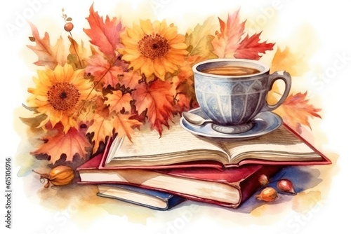 Watercolor illustration coffee cup, book and autumn bouquet.