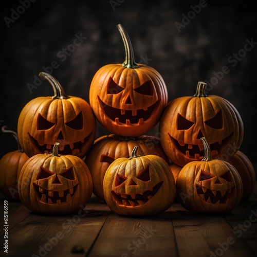 a group of pumpkins with faces carved into them
