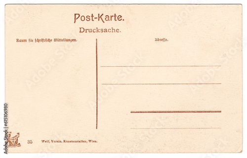 Back of an unused vintage postcard, Austro-Hungarian Empire 1907