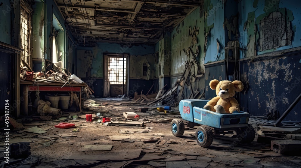 Obraz premium a teddy bear on dirty floor of abandoned house, coved with dust, Generative Ai