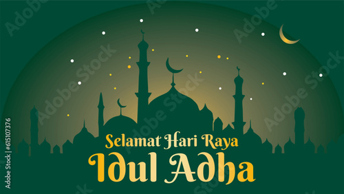 Eid al-Adha greetings on social media. selamat hari raya Idul Adha translates to Eid al-Adha mubarak. with the silhouette of the mosque in the background. elegant design illustration