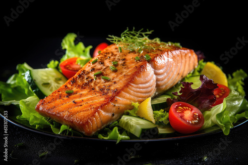Grilled salmon fish salad with tomatoes and avocado on plate