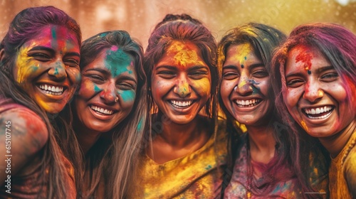 smiling colorful women at Holi colourful festival in India
