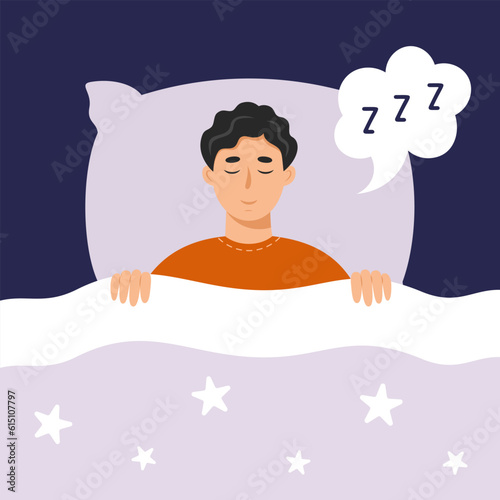 Man lies down and snoring in his bed under the duvet with stars. Night sleep or snore concept. Vector illustration in flat style.